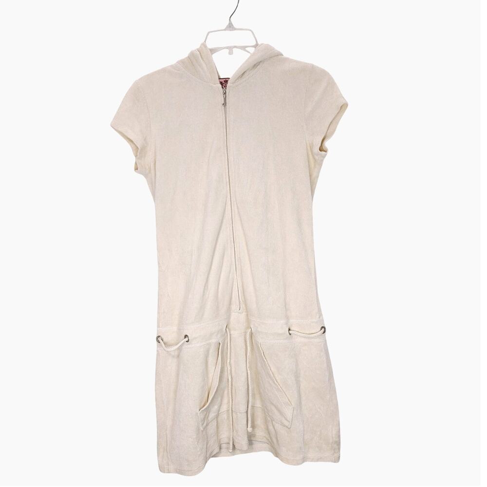 Juicy Couture Athletic Mini Dress Hooded ZipUp Drawstring Off White Women Medium